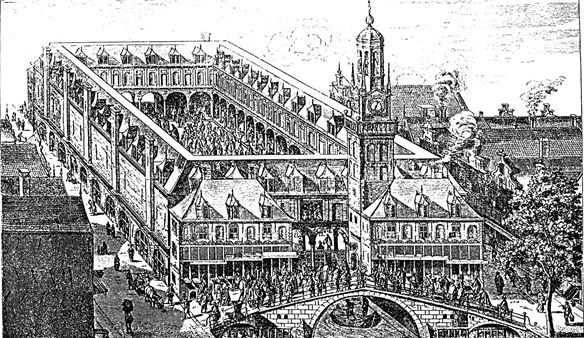  Здание биржи в Амстердаме, сгоревшее в 1858 г. (По гравюре из Германского Национального музея в Нюрнберге).