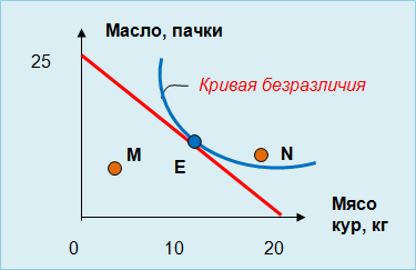 Рис.3. Объединенный график кривой безразличия и бюджетной линии