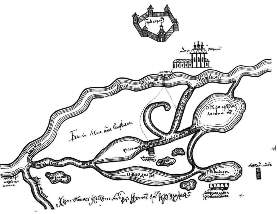 Чертёж поймы реки Воронеж от 1694 года с изображением деревянной крепости и Успенского (Адмиралтейского) храма