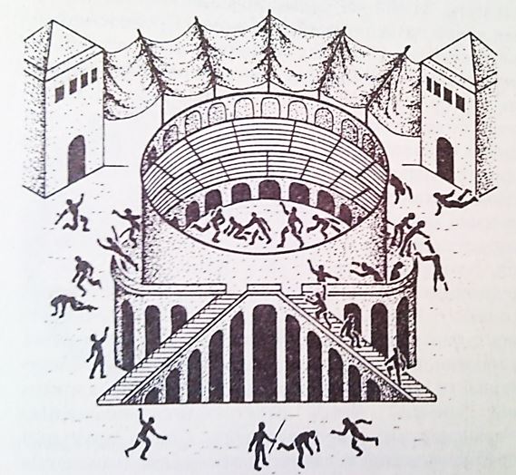 Солнечный парус (тент) над амфитеатром. Изображение на фреске в Помпеях, сделанное очевидцем кровавого столкновения, 59 г. н.э.