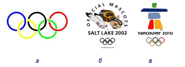 Рис.1.Олимпийский символ (а) и Олимпийские эмблемы – Олимпиады в Солт-Лейк-Сити (заяц, койот и медведь (б)) и Олимпиады-2010 в Ванкувере (в)).