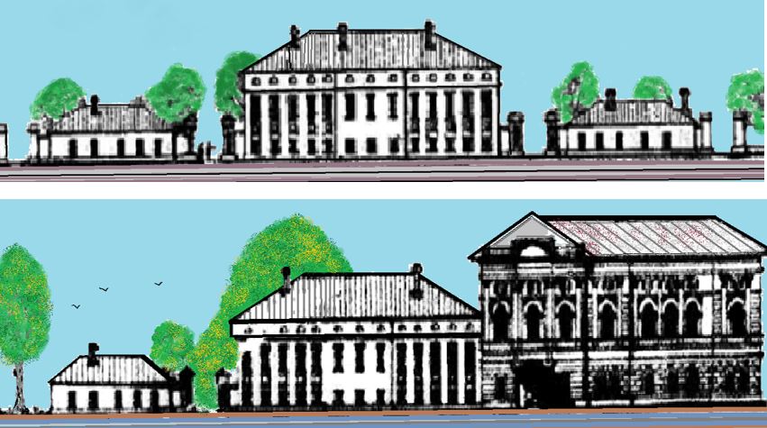 Дом воронежского коменданта А.И. Хрущёва, построенный в 1780 году, выкупленный казной в 1795 году для резиденции губернатора (на верхнем рисунке). После перестройки 1891 года вместо правого флигеля к центральному особняку был построен двухэтажный дом.