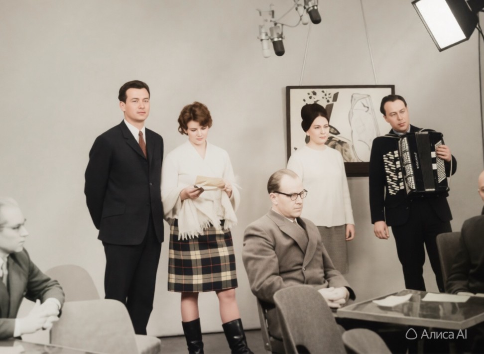 Прямой репортаж из студии Воронежского телецентра. 1966. Фото восстановлено ИИ.